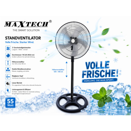 MAXTECH Standventilator 16 Zoll | Metall-Konstruktion & 55W Power