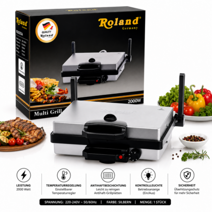 Roland Multi Grill 2000W – Elektrischer Kontaktgrill für Fleisch, Sandwiches & Gemüse