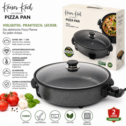 Kaiser Koch Elektrische Pizza-Pfanne Ø 36 cm | Extra Tief 7 cm | 1500 W | Mit Glasdeckel | Antihaftbeschichtung